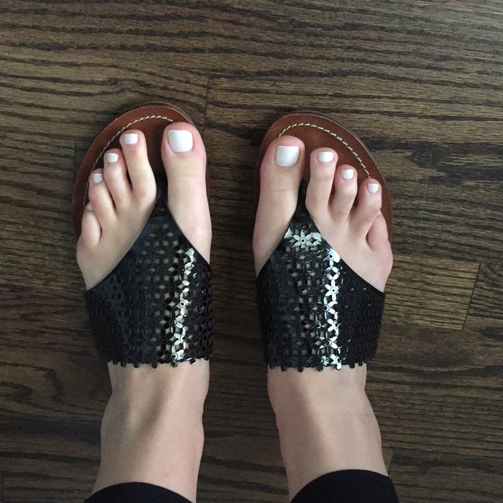 Tory Burch Black Laser-Cut Leather Slide Sandals